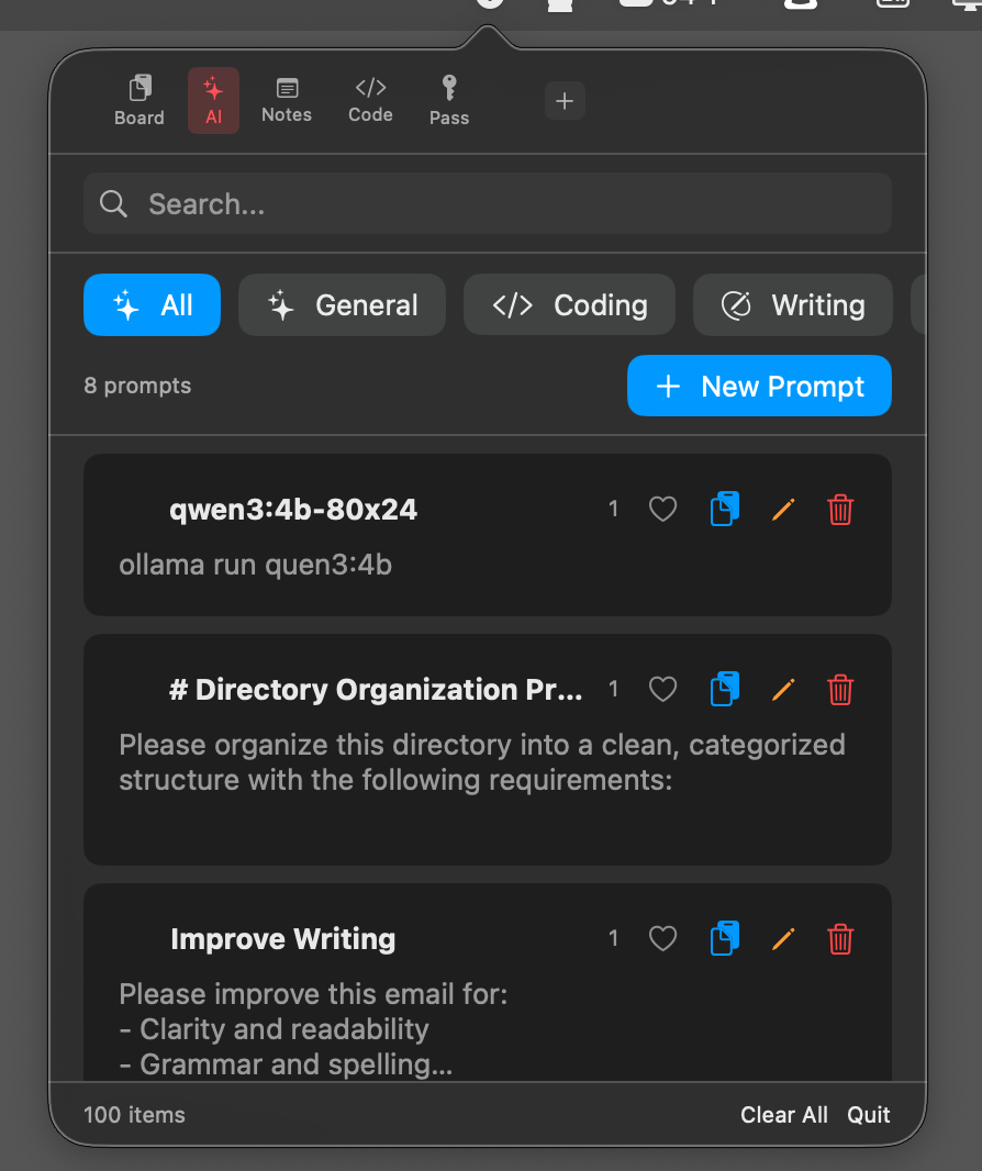 Screenshot of Vspot Prompts view showing organized prompts in categories